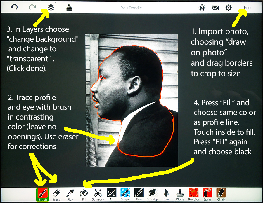 Martin Luther King's profile traced in YouDoodle with step-by-step instructions