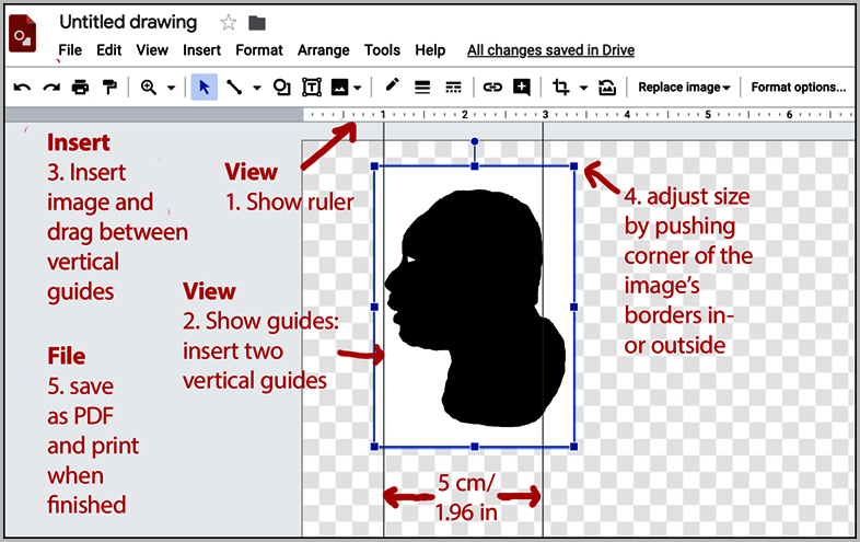 Instructions how to adjust the size of a silhouette in Google Drawings