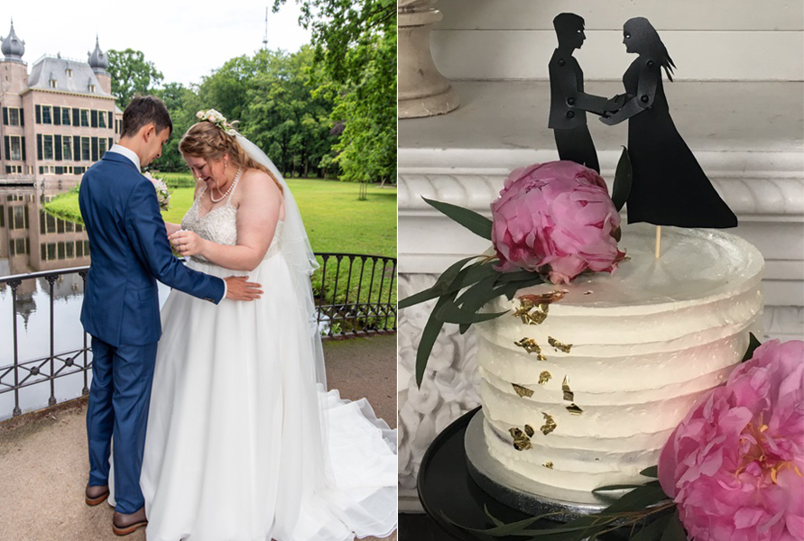 Couple on wedding day with shadow puppet look-alikes topping wedding cake