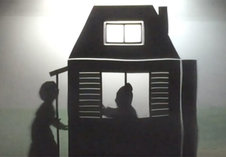 Shadow puppet of Harriet Tubman knocks the door of a safe house