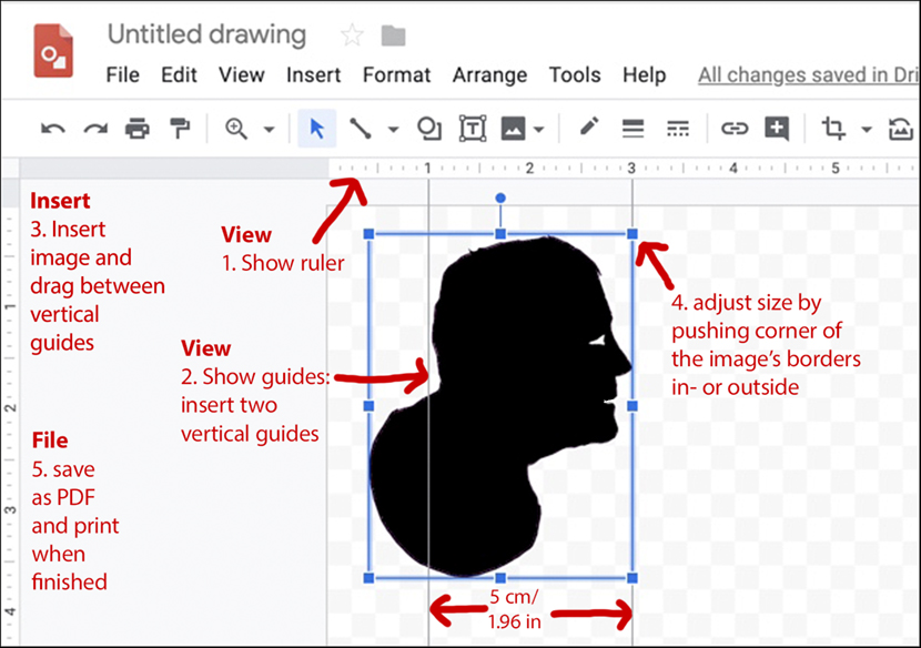 Annotated screenshot summarizing how to turn pixels into measurements using Google Drawings