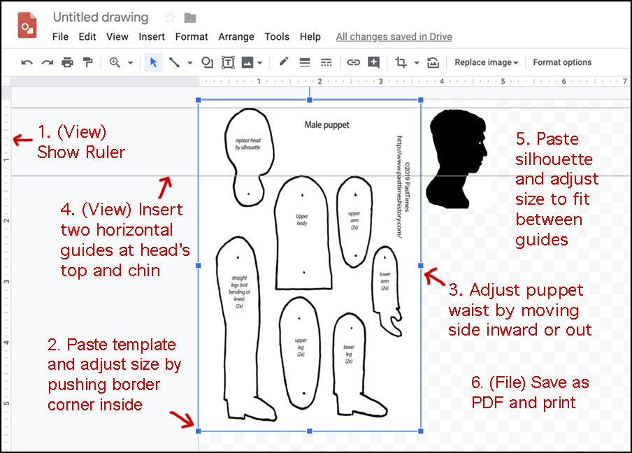 Annotated google drawing with instructions how adjust the sizes