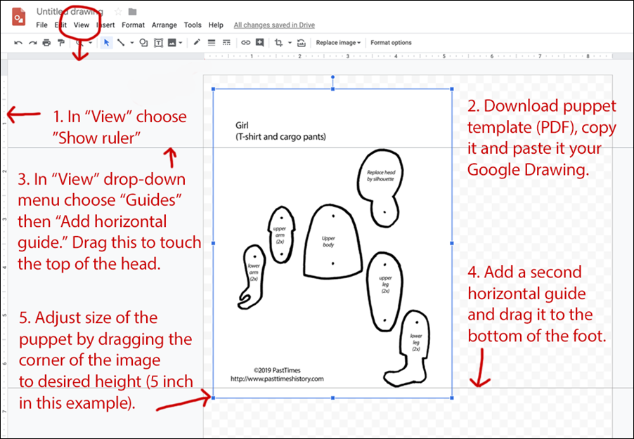 Annoted Google Drawings screenshot with puppet template and instructions 