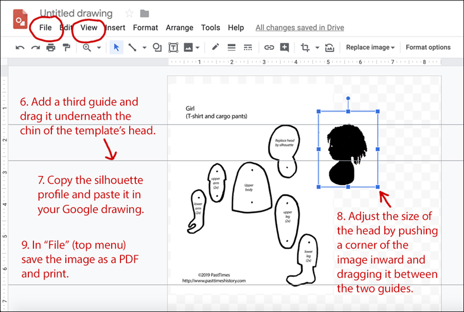 Annotated Google Drawings screenshot with puppet template and silhouette profile 