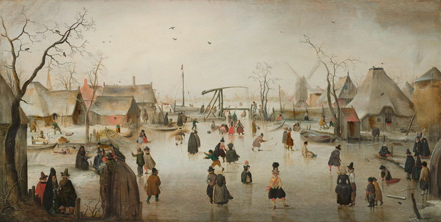 17th century painting of skaters and sledders on ice