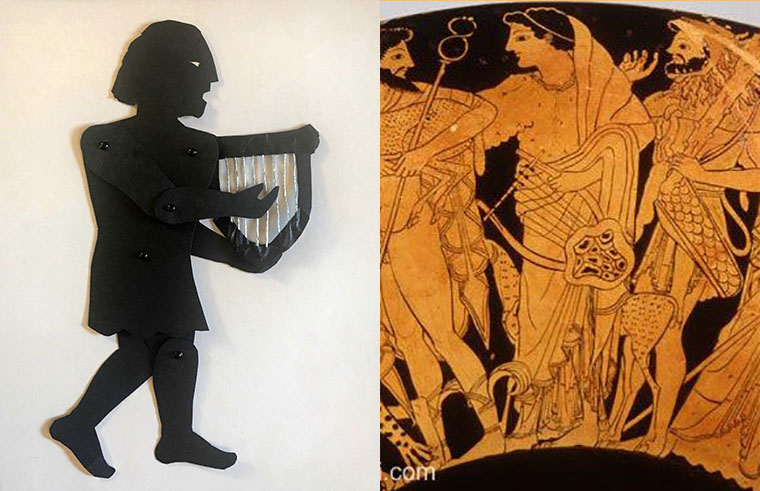 shadow puppet of the god Apollo with depiction on a Greek vase