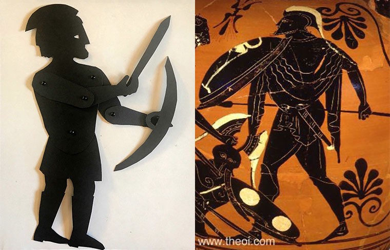 shadow puppet of the god Ares with depiction of him on a greek vase