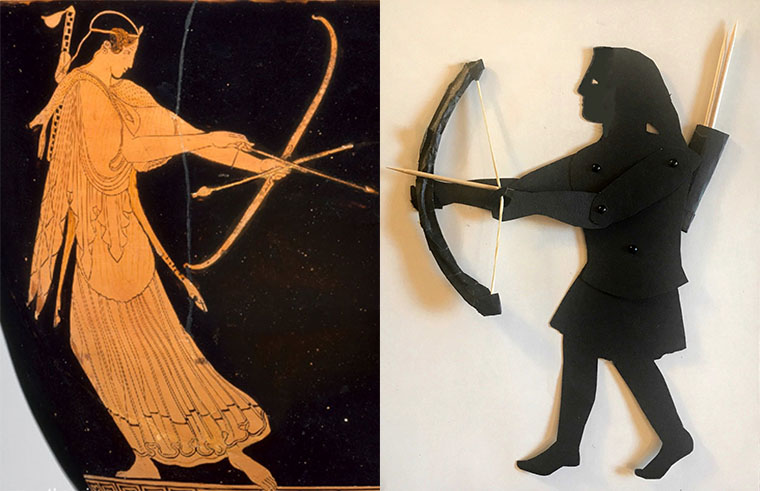 shadow puppet of the goddess Artemis with depiction on a Greek vase