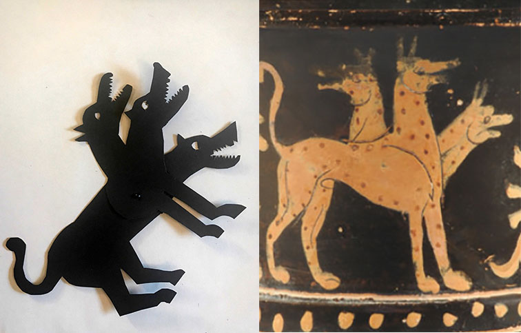 shadow puppet of Cerberus next to a depiction on a Greek vase