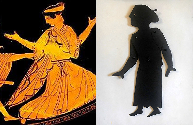 shadow puppet of the nymph daphne next to a depiction on a Greek vase