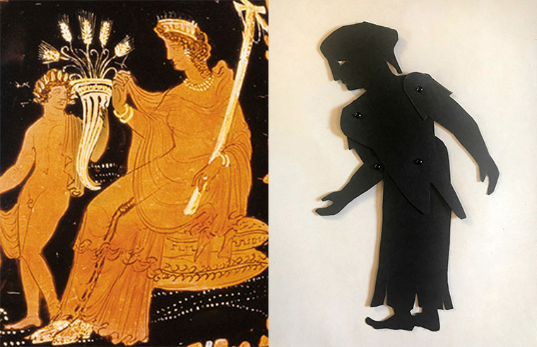 shadow puppet of the goddess Demeter with a depiction on a greek vase 