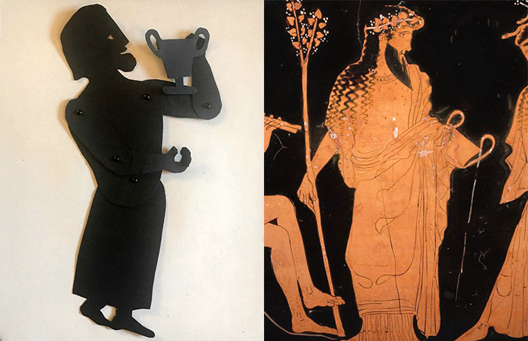 shadow puppet of the god Dionysus with a depiction on a greek vase