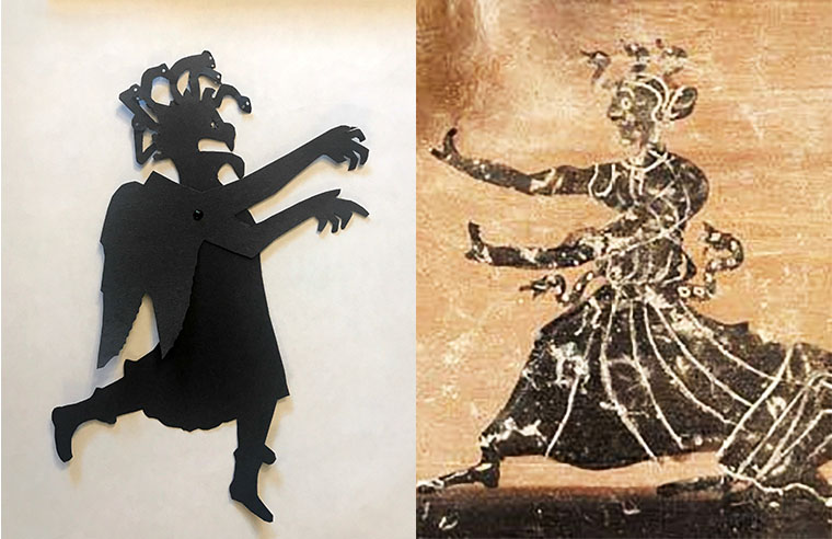 Shadow puppet of one of the gorgon sisters next to an image of a gorgon on a greek vase