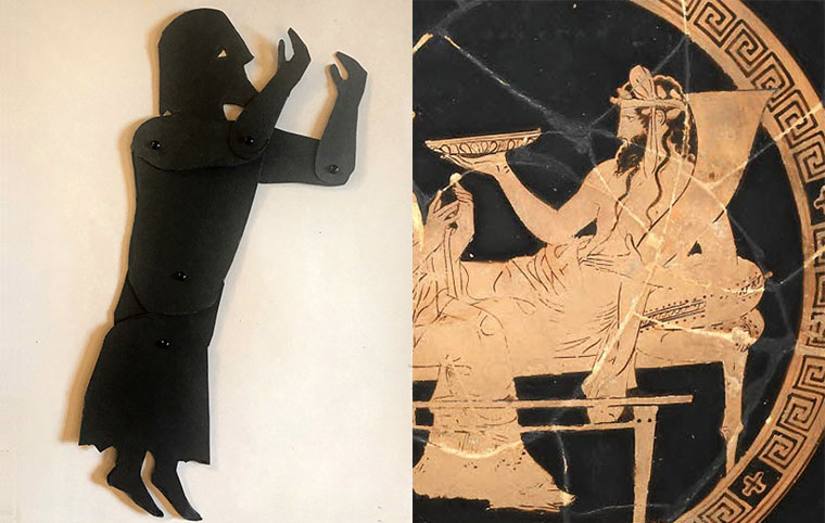 shadow puppet of the god Hades with a depiction on a Greek vase