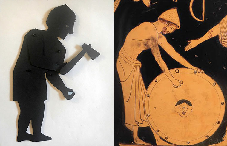 Shadow puppet of the god Hephaestus with a depiction on a greek vase