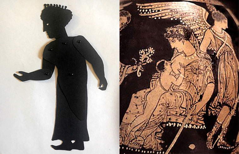 Shadow puppet off the goddess Hera with a depiction on a Greek vase