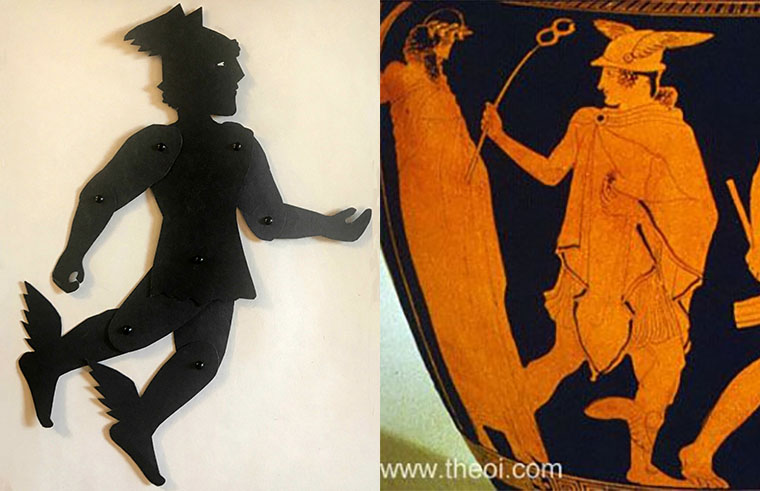 Shadow puppet of the god Hermes with a depiction on a greek vase