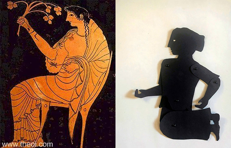 Shadow puppet of the goddess Hestia with a depiction on a Greek vase