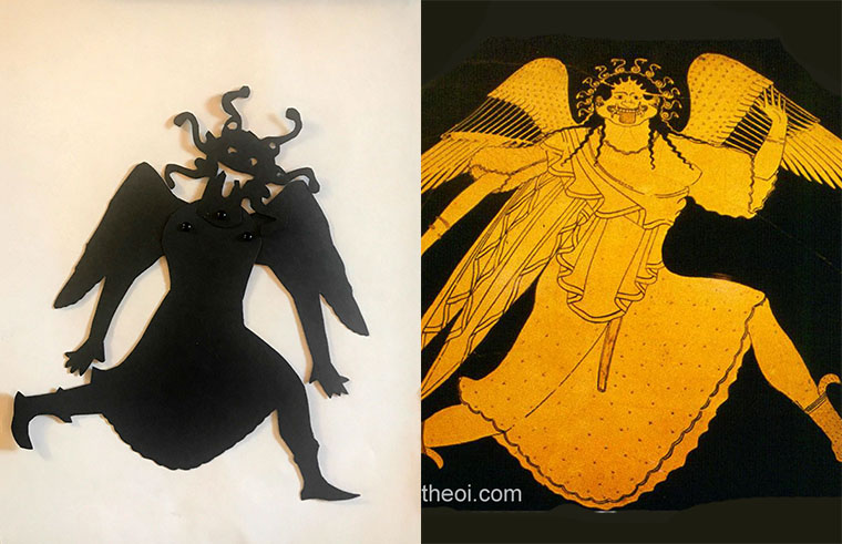 Shadow puppet of Medusa next to a depiction of her on a Greek vase