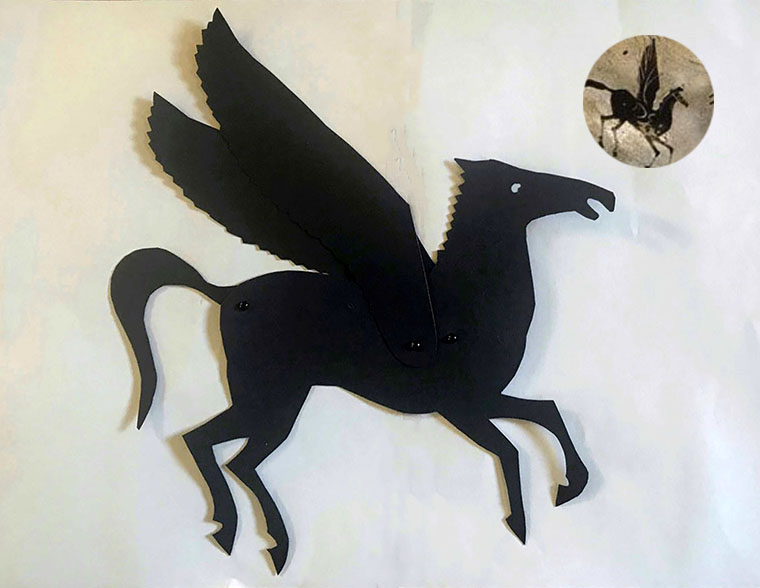 Shadow puppet of Pegasus with an image on a Greek vase