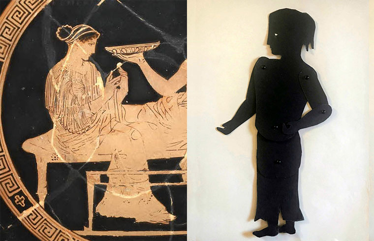 Shadow puppet of Persephone with a depiction of her on a greek vase