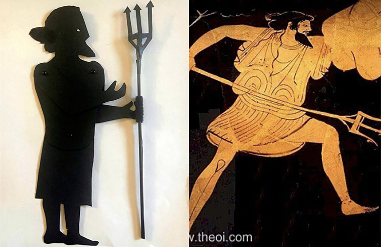 Shadow puppet of Poseidon with a depiction on a greek vase