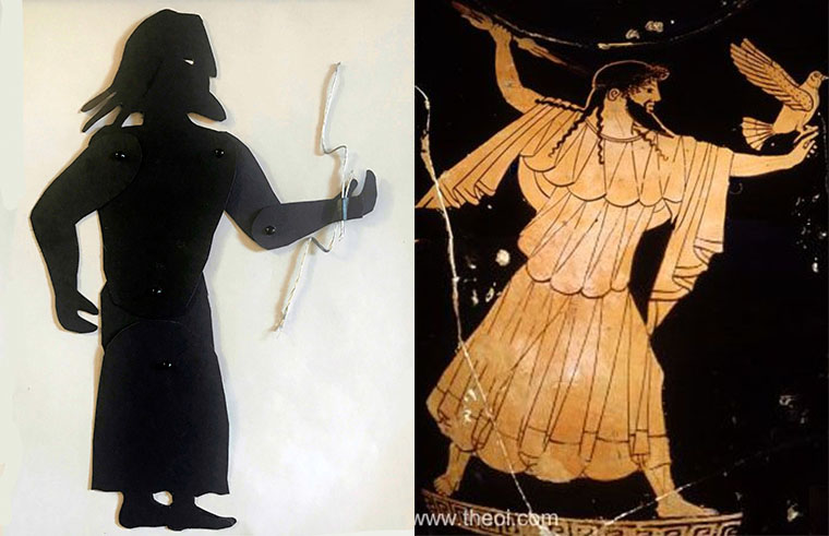 Shadow puppet of the god Zeus with a depiction of him on a greek vase