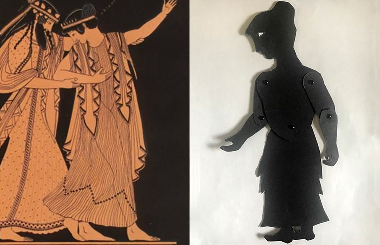 Shadow puppet of Ariadne with depiction of her and Dionysus on Greek vase