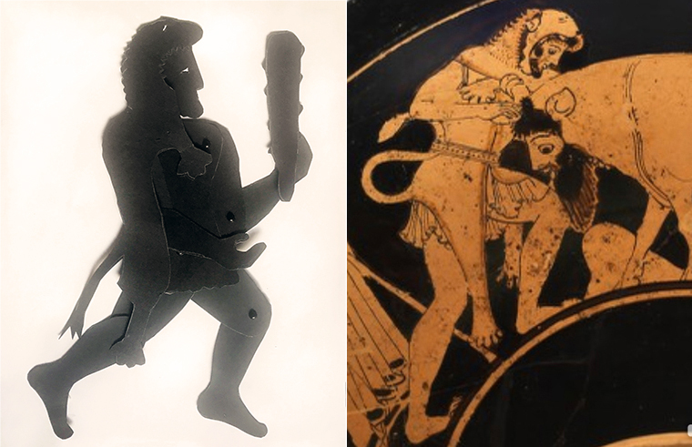 shadow puppet of Heracles with image on Greek vase