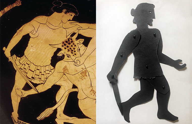 Shadow puppet of Theseus with depiction of him fighting minotaur on Greek vase