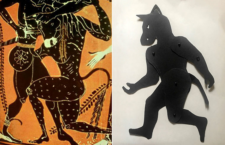 Shadow puppet of Minotaur with depiction on Greek vase 