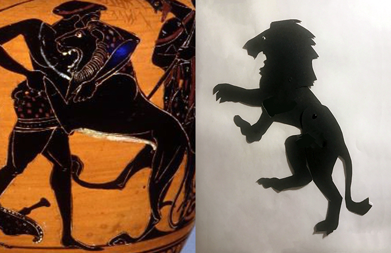 shadow puppet of the Nemean lion and a depiction on a Greek vase;