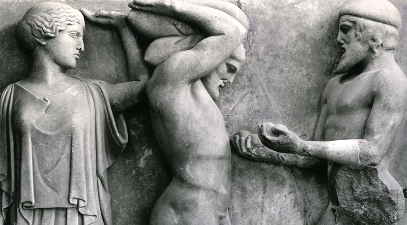 Detail from a marble relief showing Heracles holding world above his head and Atlas holding the apples