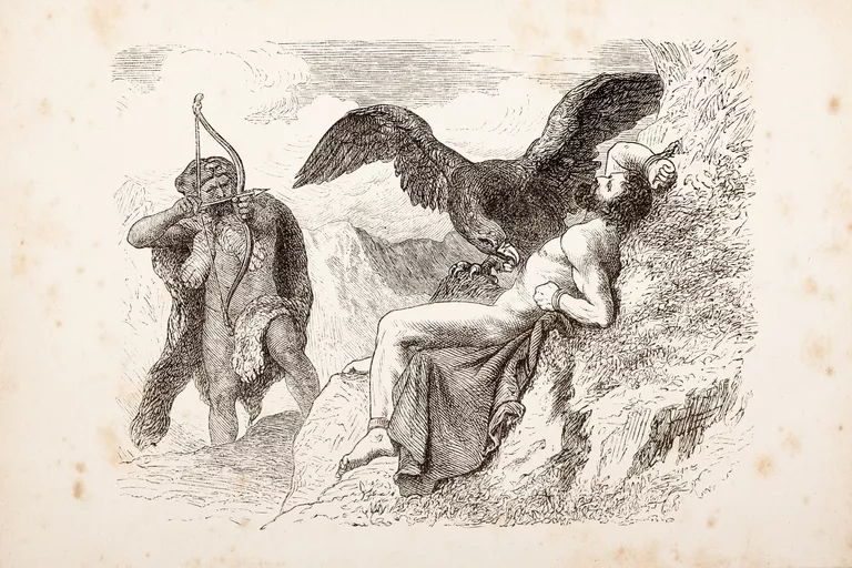 Hercules with bow and arrow shooting eagle picking Prometheus' liver