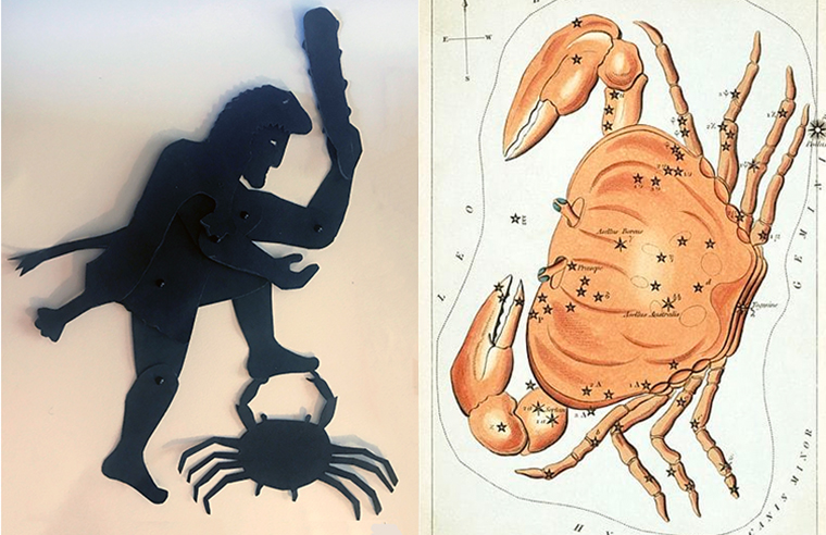 Shadow puppets of Heracles and crab with map of constellation of cancer