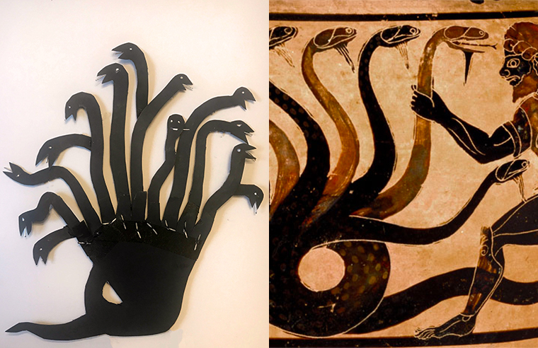 shadow puppet of a hydra and depiction on vase