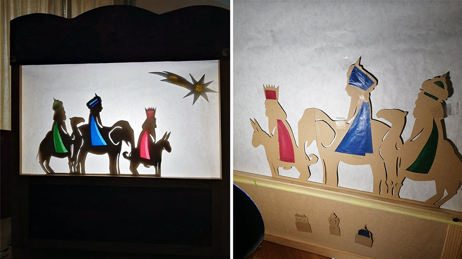 Shadow puppets of three magi with colored robes
