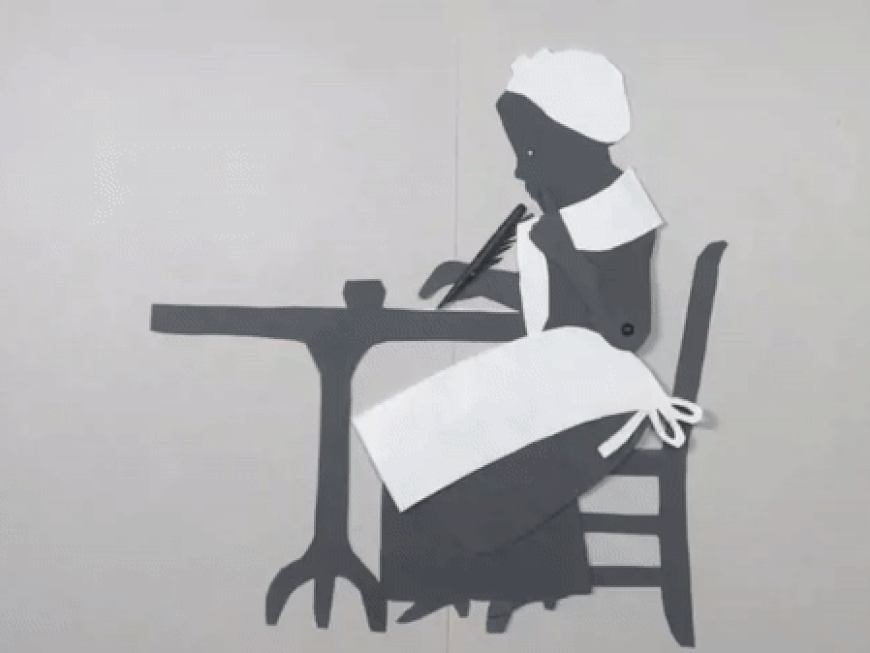 Stop motion animation of Phillis Wheatley writing dipping her quill in ink and writing 
