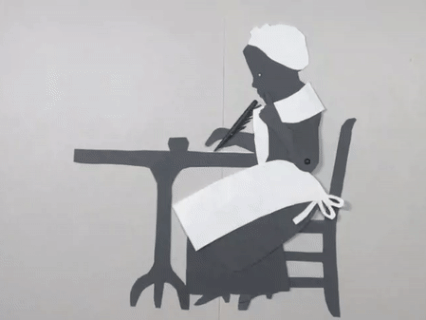 Stop motion animation of Phillis Wheatley writing dipping her quill in ink and writing