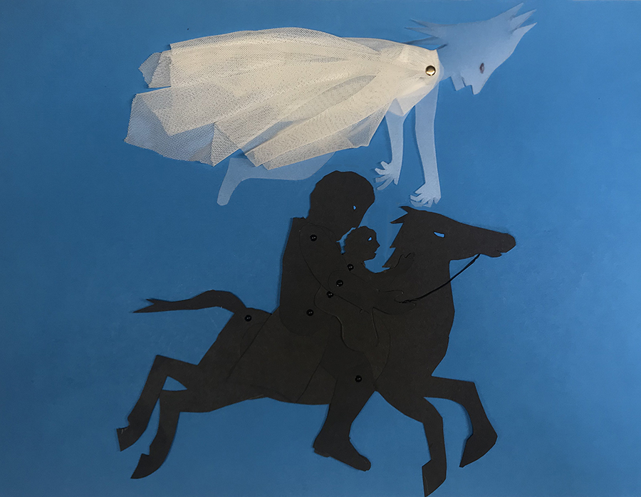 silhouette of rider with child on galopping horse with ghostlike fairy king above them stretching out his arms to the child