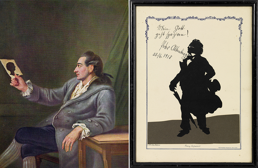 Portrait of Goethe next to a framed silhouette of Schubert