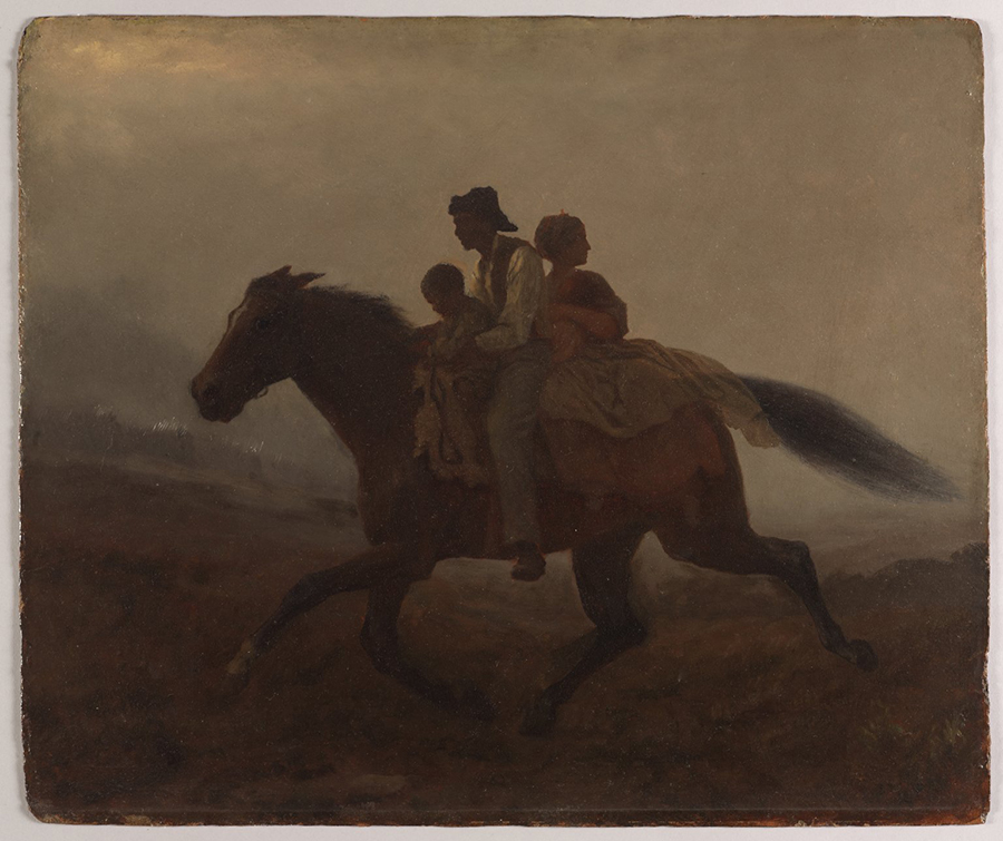 Horse carring a man holding a young boy and a woman holding a baby