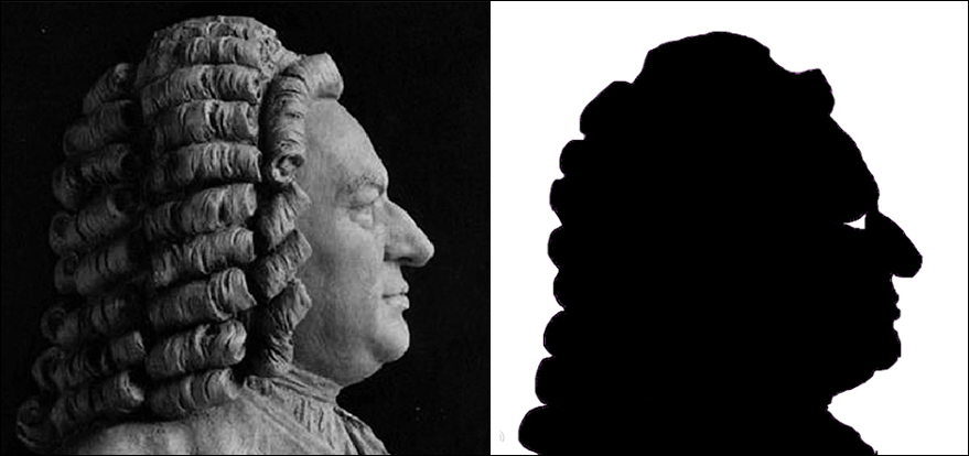 Bust's proble next to silhouette profile of J.S. Bach
