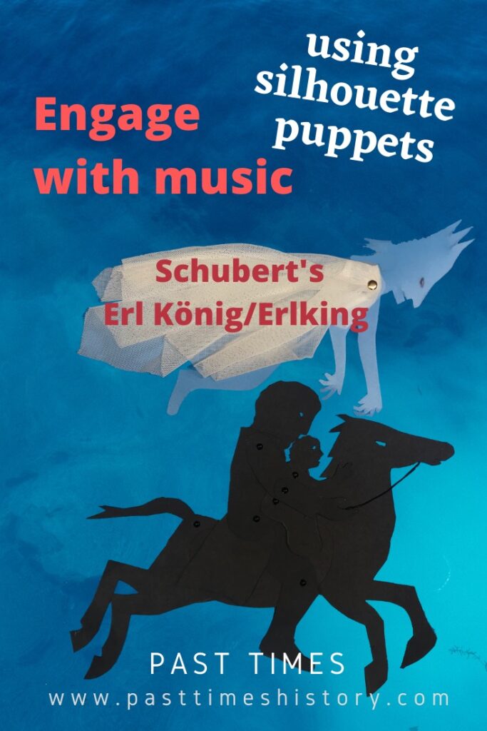 Shadow puppets of father and child on horseback with Erlking
