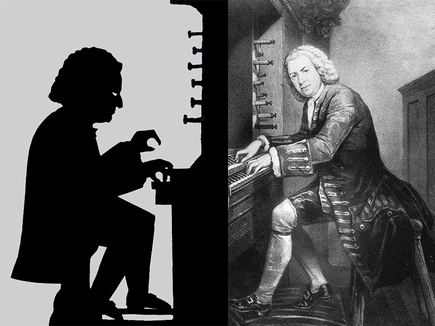 Shadow puppet of Bach playing organ next to original depiction of the same1725