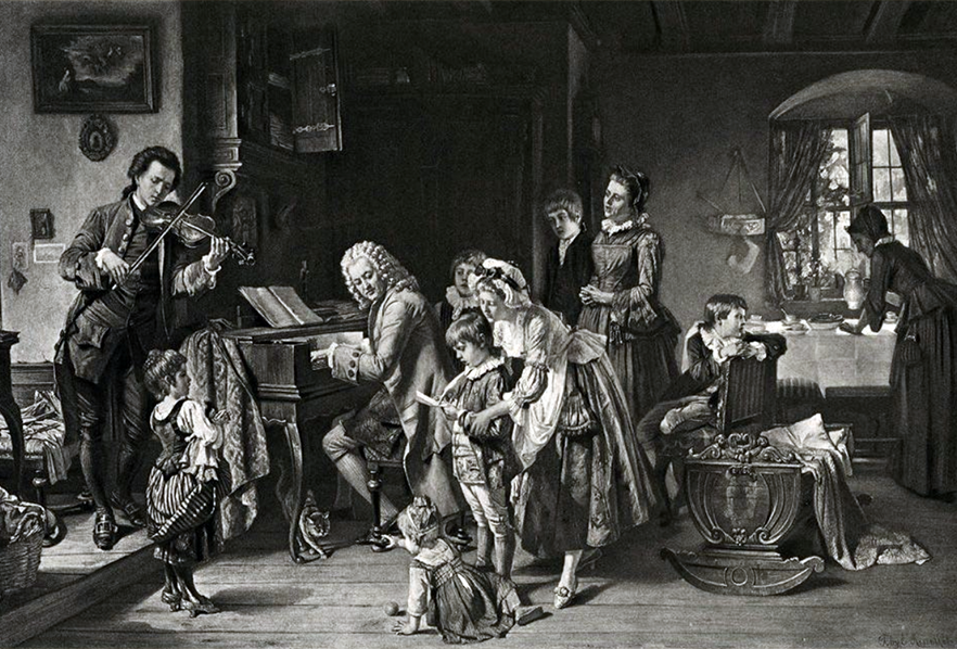 Depiction if members of Bach's family singing around the Bach a the clavichord