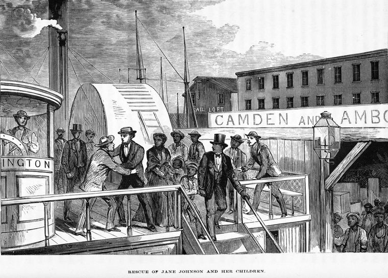 Engraving of people on a ferry while a black woman and children are led away
