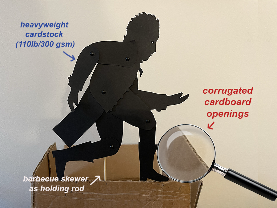 Silhouette puppet on a barbecue stick stuck in an opening of a corrugated box with loupe showing the corrugated opening