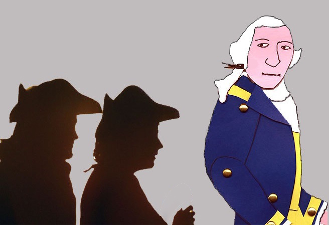 Colored shadow puppet of George Washington followed by the shadows of two real people