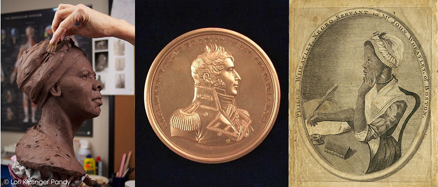 Combination of clay bust of Harriet Tubman, a medal depicting James Lawrence, and an engraving of Phillys Wheatley